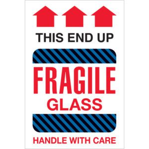 The MH-USA 4 x 6 label shows three red arrows pointing up with THIS END UP on top, FRAGILE GLASS in red amid blue stripes, and HANDLE WITH CARE in red at the bottom. Each roll contains 500 labels to protect your items.
