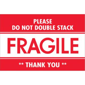 The MH-USA 2 x 3 labels in red and white feature messages like PLEASE DO NOT DOUBLE STACK, FRAGILE, and THANK YOU, ensuring item safety. Conveniently, these labels come in rolls of 500.