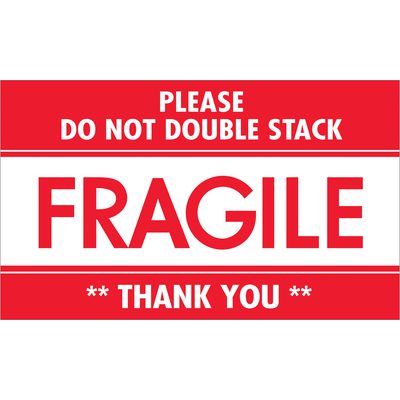 DL2159.jpg The MH-USA 3 x 5 Fragile - Do Not Double Stack labels feature a red and white design with bold text: PLEASE DO NOT DOUBLE STACK. FRAGILE. THANK YOU. Ideal for wrap-around application, they come in rolls of 500.