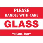 Red and white sign reading PLEASE HANDLE WITH CARE GLASS THANK YOU, similar to MH-USA 2 x 3 - Glass - Handle With Care Labels, sold in rolls of 500.