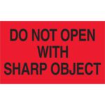 The MH-USA 3 x 5 labels in fluorescent red prominently display Do Not Open with Sharp Object in bold black text and come in rolls of 500.