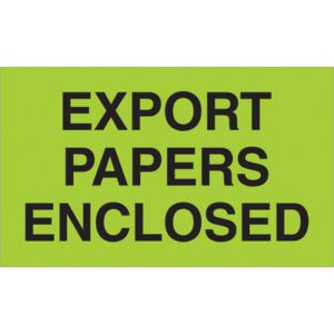The MH-USA 3 x 5 fluorescent green labels read Export Papers Enclosed in bold black text and come in a convenient roll of 500.