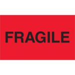 A fluorescent red sign, like the MH-USA 3 x 5 - Fragile (Fluorescent Red) Labels from a 500-roll pack, boldly displays FRAGILE in black capital letters.