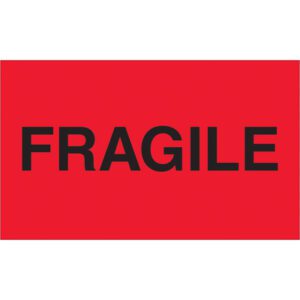 A fluorescent red sign, like the MH-USA 3 x 5 - Fragile (Fluorescent Red) Labels from a 500-roll pack, boldly displays FRAGILE in black capital letters.