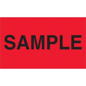 A bright red rectangle similar to the MH-USA 3 x 5 - Sample (Fluorescent Red) Labels, with SAMPLE in bold black letters at the center, akin to rolls of 500.