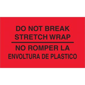 The MH-USA 3 x 5 bilingual labels in fluorescent red read DO NOT BREAK STRETCH WRAP and NO ROMPER LA ENVOLTURA DE PLASTICO, with each roll containing 500 labels for effective multilingual communication.