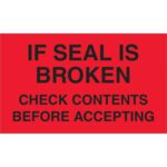 The MH-USA 3 x 5 fluorescent red labels boldly state Check Contents Before Accepting and are available in rolls of 500, providing essential visibility for package assurance.