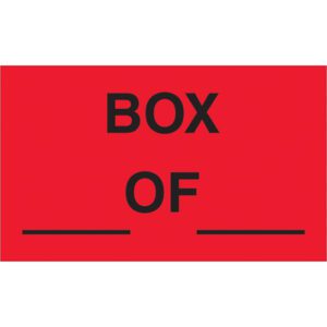 The MH-USA 3 x 5 fluorescent red labels feature Box ___ of ___ in black, reminiscent of classic styles, with two horizontal lines below for added labeling. Ideal for organization, these labels are available in rolls of 500.