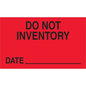 The fluorescent red MH-USA 3 x 5 labels state Do Not Inventory with a section labeled Date, and come in rolls of 500, ideal for clear instructions.