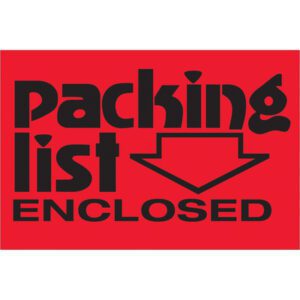 The MH-USA 2 x 3 fluorescent red labels read Packing List Enclosed with a downward arrow, featuring bold black text. Each roll includes 500 labels to ensure your packages are clearly and effectively marked.