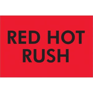 A vibrant fluorescent red MH-USA 2 x 3 label with bold Red Hot Rush text is ideal for attracting attention.