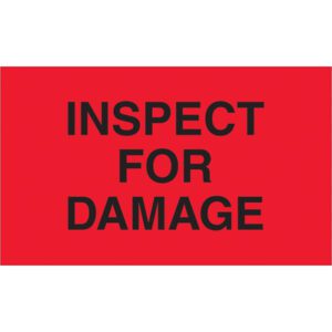 A fluorescent red sign with bold black text saying INSPECT FOR DAMAGE evokes the MH-USA 3 x 5 labels, excellent for easy spotting and sold in rolls of 500.