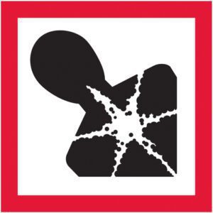 A bold red border encloses a black silhouette of an abstract starfish-like shape within a square on a white background, creating an eye-catching design for the MH-USA 1 x 1 Pictogram - Health Hazard Labels (500/Roll).