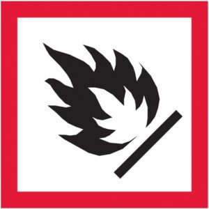 The black flame icon on white, outlined in red, resembles the MH-USA 1 x 1 Pictogram - Flame Labels (500/Roll).