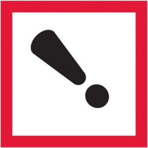 A black exclamation mark with swapped point and line in a red square on white matches the MH-USA 1 x 1 Pictogram - Exclamation Mark Labels (500/Roll).