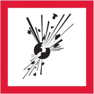 An abstract artwork features a central black sphere with jagged lines and fragmented shapes, echoing the intensity of MH-USA 1 x 1 Pictogram - Exploding Bomb Labels. It radiates against a stark white background and is framed by a bold red border reminiscent of those warning labels.