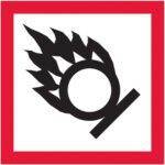 The MH-USA 1 x 1 Pictogram - Flame Over Circle Labels (500/Roll) show a safety sign of a black circle with flames crossed by a diagonal line to indicate oxidizing material hazards, set in a red-bordered square for clear visibility.