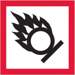 The MH-USA 1 x 1 Pictogram - Flame Over Circle Labels (500/Roll) show a safety sign of a black circle with flames crossed by a diagonal line to indicate oxidizing material hazards, set in a red-bordered square for clear visibility.