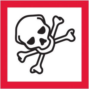 The MH-USA 1x1 Pictogram - Skull and Crossbones Labels feature a black and white skull and crossbones on a white background with a red border, ideal for marking dangerous areas. Each roll contains 500 labels for extensive use.