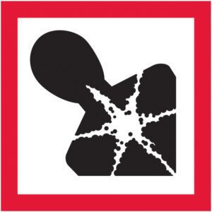 A bold red frame encases a white background featuring an abstract black silhouette of a person and star-like shape with dots, beautifully captured in MH-USA 2 x 2 Pictogram - Health Hazard Labels (500/Roll).