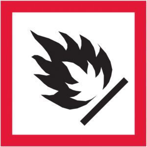 The MH-USA 2 x 2 Pictogram - Flame Labels (500/Roll) feature a centered black flame icon on a white background with a bold red border, stylized with sharp edges and a diagonal line at the base, indicating fire-related caution.