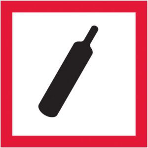 Silhouette of a bottle resembling the MH-USA Gas Cylinder Labels on a white background with a red border.