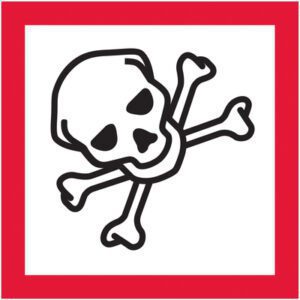 The MH-USA 2 x 2 Pictogram - Skull and Crossbones Labels (500/Roll) showcases a black skull and crossbones on a white background with a bold red border for enhanced visibility.