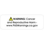 The MH-USA 1.5 x 0.5 Prop 65 Labels, featuring an exclamation mark, read Warning: Cancer and Reproductive Harm. Visit www.P65Warnings.ca.gov for more details. There are 500 labels per roll.