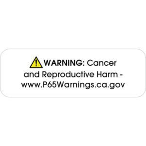 The MH-USA 1.5 x 0.5 Prop 65 Labels, featuring an exclamation mark, read Warning: Cancer and Reproductive Harm. Visit www.P65Warnings.ca.gov for more details. There are 500 labels per roll.