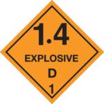 The MH-USA 4 x 4 label features an orange diamond-shaped sign with bold black text 1.4 EXPLOSIVE D 1 for safety and clarity, available in convenient rolls of 500 for easy handling and identification.