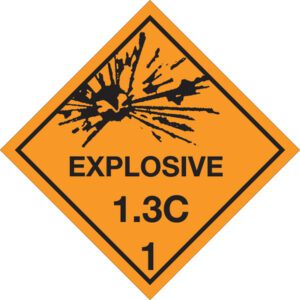 The MH-USA 4 x 4 labels feature an orange diamond warning sign with a black explosion graphic and text EXPLOSIVE 1.3C 1. Sold in rolls of 500, they ensure safety and compliance.