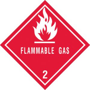 The MH-USA 4 x 4 label, part of a 500 per roll set, features a red diamond with a flame icon and the words FLAMMABLE GAS in white. A bold 2 classifies it, ensuring safety and compliance.