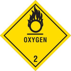 A yellow diamond-shaped sign with a black flame over a circle, labeled OXYGEN, and the number 2 indicating an oxidizing agent hazard. This design matches MH-USA 4 x 4 - Oxygen - 2 Labels (500/Roll) for quick identification.