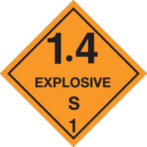 The MH-USA 4 x 4 labels read 1.4 - Explosive - S 1 in black on an orange diamond, identifying explosive materials under safety regulations. Available in rolls of 500 for comprehensive hazard communication.
