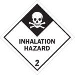 The MH-USA 4 x 4 Inhalation Hazard - 2 labels, featuring a black and white skull and crossbones with INHALATION HAZARD text and the number 2 in a diamond, are available in rolls of 500.
