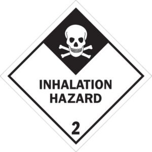 The MH-USA 4 x 4 Inhalation Hazard - 2 labels, featuring a black and white skull and crossbones with INHALATION HAZARD text and the number 2 in a diamond, are available in rolls of 500.
