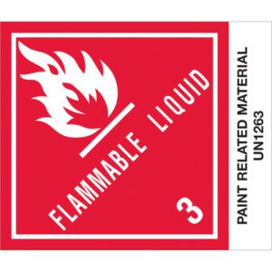 The MH-USA 4 x 4 3/4 label, featuring a red flame icon, FLAMMABLE LIQUID, the number 3, and PAINT RELATED MATERIAL UN1263, is ideal for identifying hazards. Available in rolls of 500.