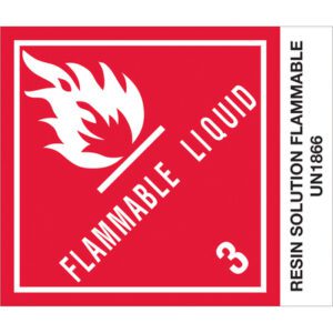 This red and white hazard label for flammable liquid, featuring a flame icon, reads FLAMMABLE LIQUID with 3 below. The side label states: RESIN SOLUTION FLAMMABLE UN1866. It is ideal for MH-USA 4 x 4 3/4 - Resin Solution Labels (500/Roll).