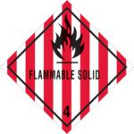 The MH-USA 4 x 4 Flammable Solid - 4 Labels (500/Roll) feature a red and white striped diamond with a flame symbol and bold black text reading FLAMMABLE SOLID, complemented by the number 4 at the bottom.