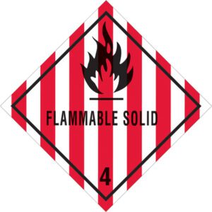 The MH-USA 4 x 4 Flammable Solid - 4 Labels (500/Roll) feature a red and white striped diamond with a flame symbol and bold black text reading FLAMMABLE SOLID, complemented by the number 4 at the bottom.