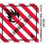 The label shows a red and white striped background with a black flame symbol, reading FLAMMABLE SOLID and 4. On the side, it says MH-USA 4 x 4 3/4 - Flammable Solids, N.O.S. Labels (500/Roll) and UN1325.