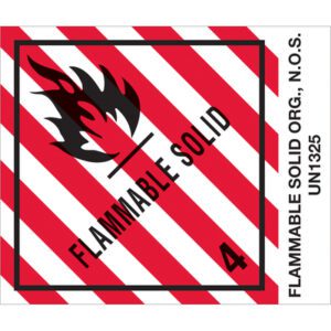The label shows a red and white striped background with a black flame symbol, reading FLAMMABLE SOLID and 4. On the side, it says MH-USA 4 x 4 3/4 - Flammable Solids, N.O.S. Labels (500/Roll) and UN1325.