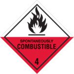 The MH-USA 4 x 4 labels, displaying a red and white diamond with a black flame icon and SPONTANEOUSLY COMBUSTIBLE in bold, marked with 4, come in rolls of 500 to ensure safety compliance.