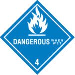 The MH-USA 4 x 4 label shows a blue diamond with a white flame icon and DANGEROUS WHEN WET in bold, with the number 4 at the bottom. Ideal for safety, these labels come in rolls of 500.