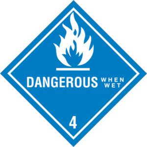 The MH-USA 4 x 4 label shows a blue diamond with a white flame icon and DANGEROUS WHEN WET in bold, with the number 4 at the bottom. Ideal for safety, these labels come in rolls of 500.