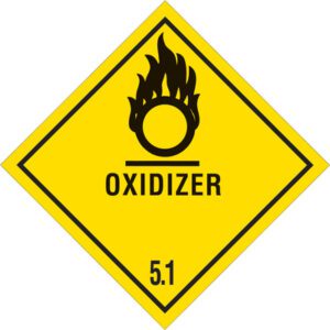A 4x4 diamond yellow warning sign depicts a black flame over a circle, labeled OXIDIZER with 5.1 at the bottom, consistent with the MH-USA Oxidizer - 5.1 Labels (500/Roll).