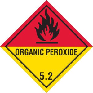 The diamond-shaped hazard sign is similar to the MH-USA 4 x 4 - Organic Peroxide - 5.2 Labels (500/Roll), with a red top showing a black flame icon and a yellow bottom featuring ORGANIC PEROXIDE above the number 5.2, indicating danger.