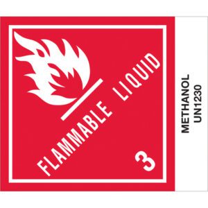 A red and white warning sign displaying a flame symbol includes the text FLAMMABLE LIQUID, 3, and METHANOL UN1230 on the right, ideal for MH-USA 4 x 4 3/4 - Methanol Labels (500/Roll) use.