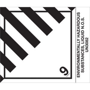 Black-and-white hazard symbol with diagonal stripes, featuring 9 and text: Env Haz Sub, Liquid N.O.S. UN3082. The MH-USA labels are 4 x 4 3/4, ideal for your liquid labels collection (500/Roll).