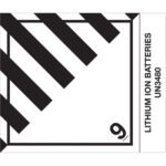 The MH-USA 4 x 4 3/4 Lithium Ion Batteries labels (500/roll) feature black diagonal stripes in the top left, Lithium Ion Batteries and UN3480 text on the right, and a 9 in the bottom right indicating hazard classification.